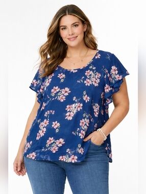 Torrid Size 3 Blue Floral Blouse Top Flutter Sleeve Keyhole Back Plus Size Women